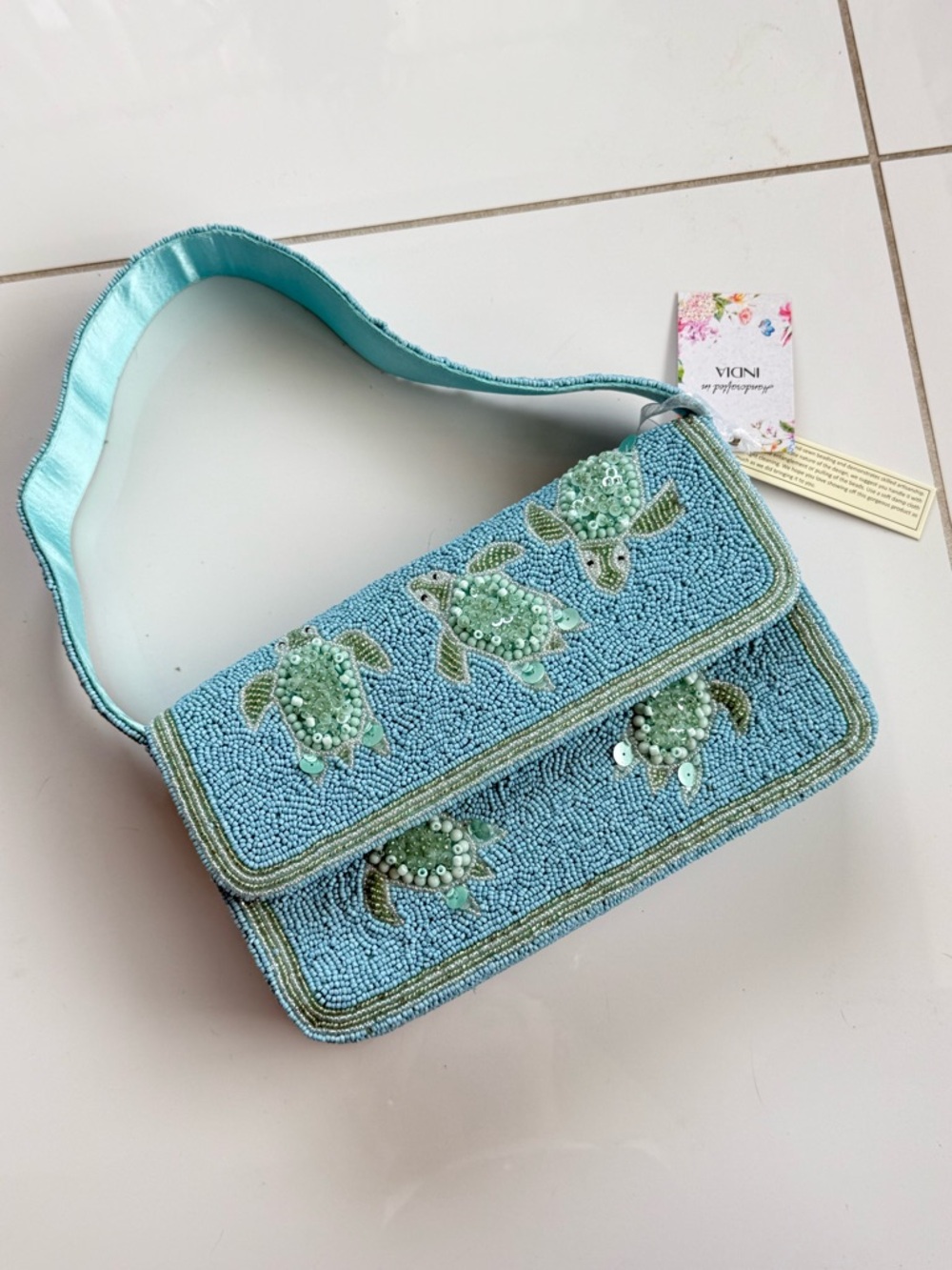Blue viral turtle beaded bag